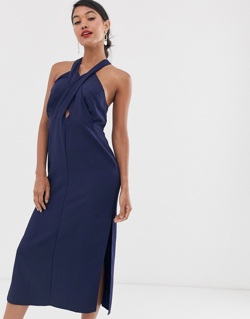 Asos Design Midi Dress In Crepe With Cross Neck And Buckle Straps-navy