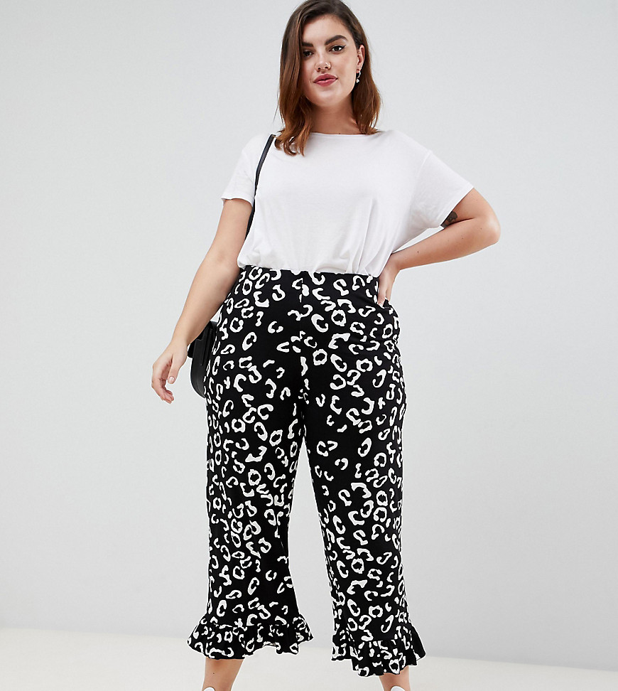 ASOS DESIGN Curve trousers with fluted ruffle hem in mono animal print