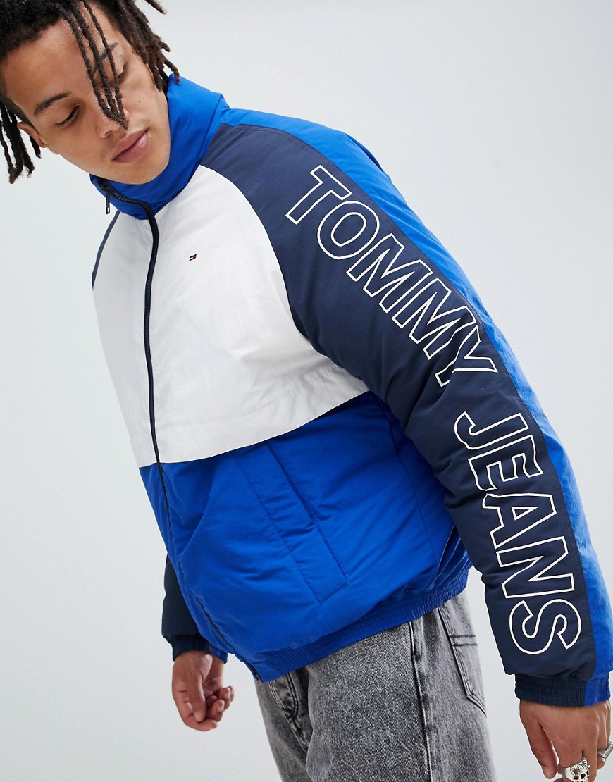 Tommy Jeans classic retro colourblock padded jacket in blue/white/navy - Surf the web