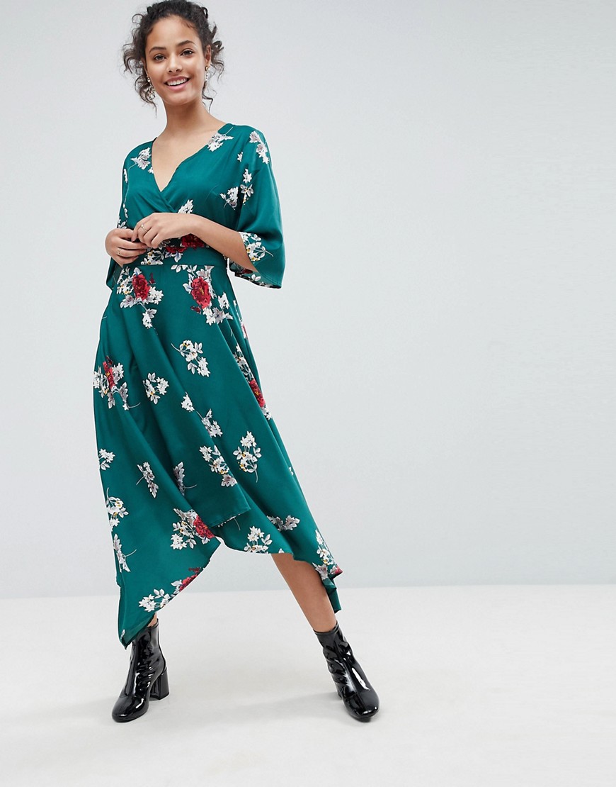 Influence Hanky Hem Floral Wrap Midi Dress With Flared Sleeve