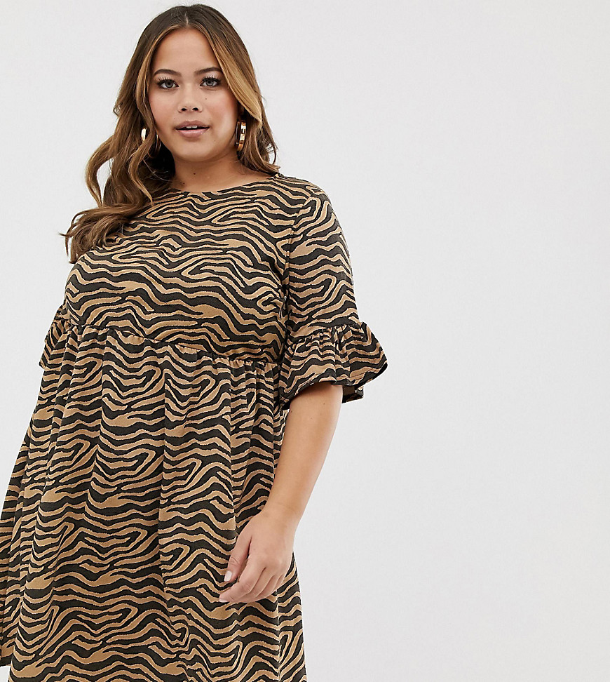 Missguided Plus smock dress with frill sleeves in animal print