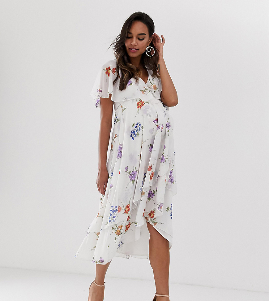 ASOS DESIGN Maternity midi dress with cape back and dipped hem in dainty floral