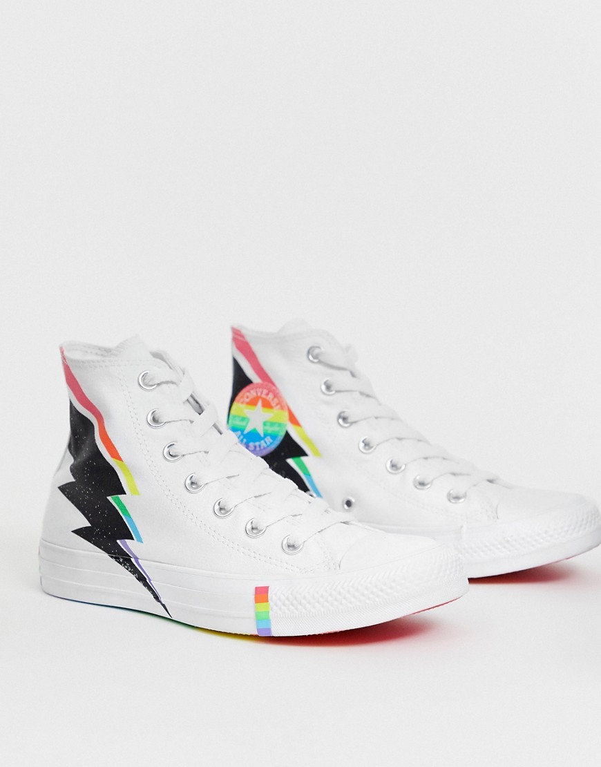 Converse Pride Chuck Taylor Hi All Star White And Rainbow Lightning Bolt Trainers