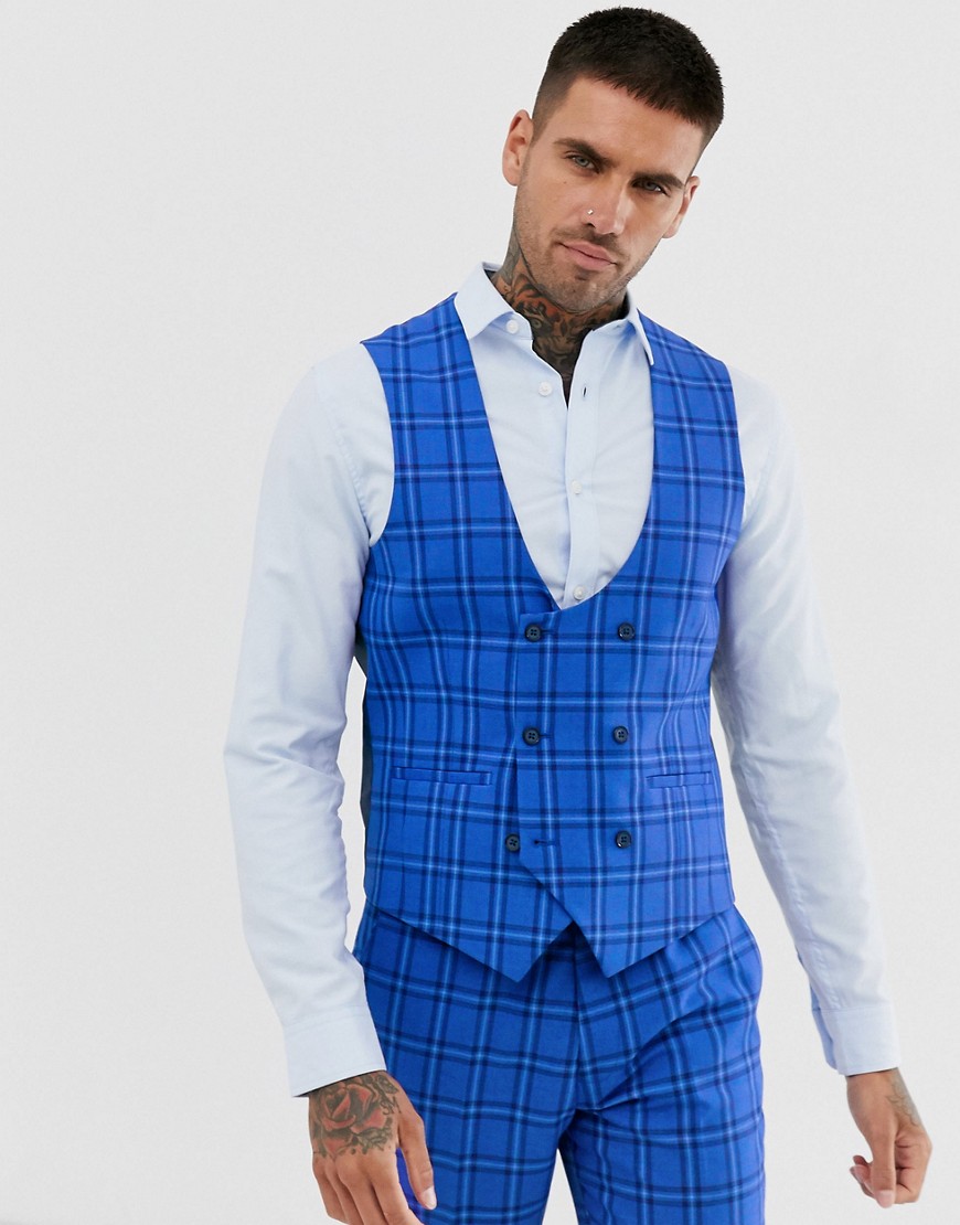 Harry Brown wedding slim fit bold blue check waistcoat