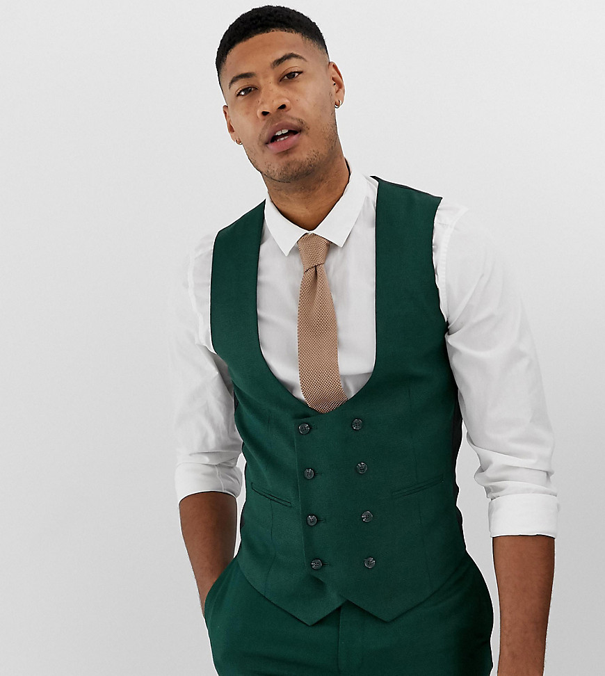 ASOS DESIGN Tall wedding skinny suit waistcoat in forest green micro texture