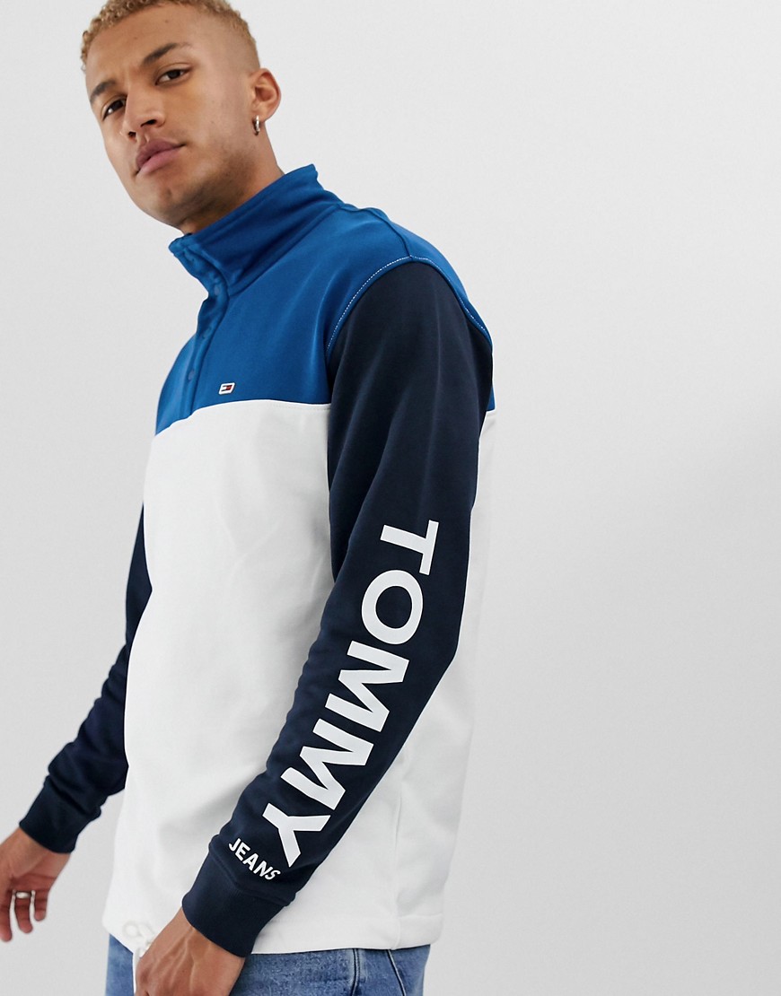 Tommy Jeans colour bock mock neck sweatshirt with sleeve logo in navy/blue/white