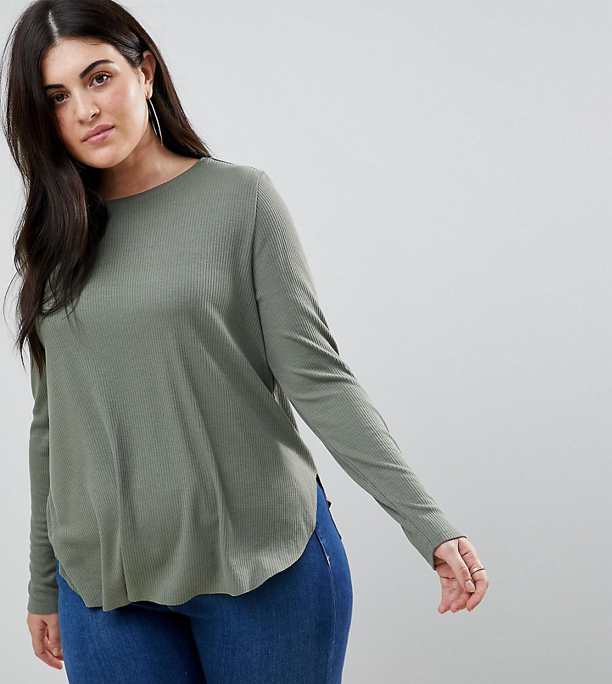 ASOS DESIGN Curve Long Sleeve Top with Curved Hem in Rib