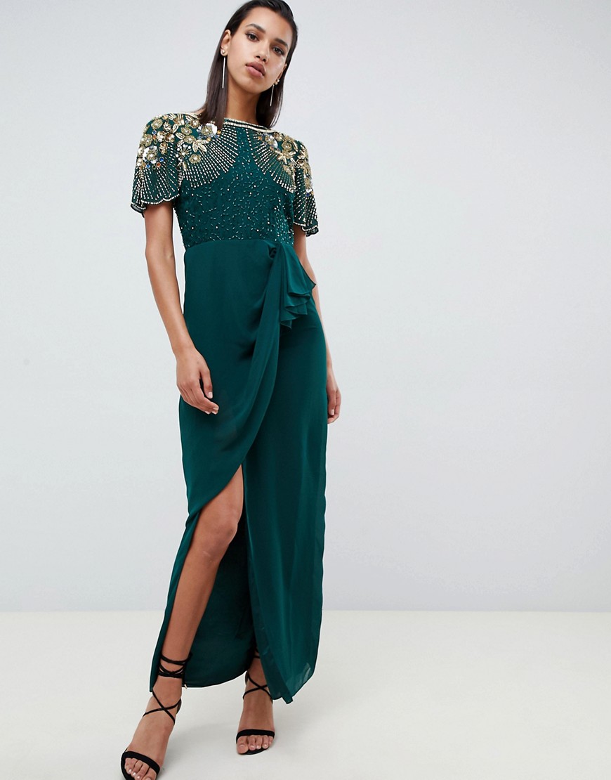 Virgos Lounge ariann embellished maxi dress with frill wrap skirt in emerald green
