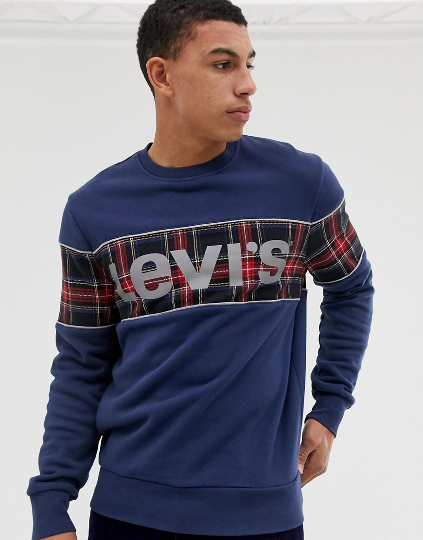 Levi's reflective logo check panel sweatshirt in navy