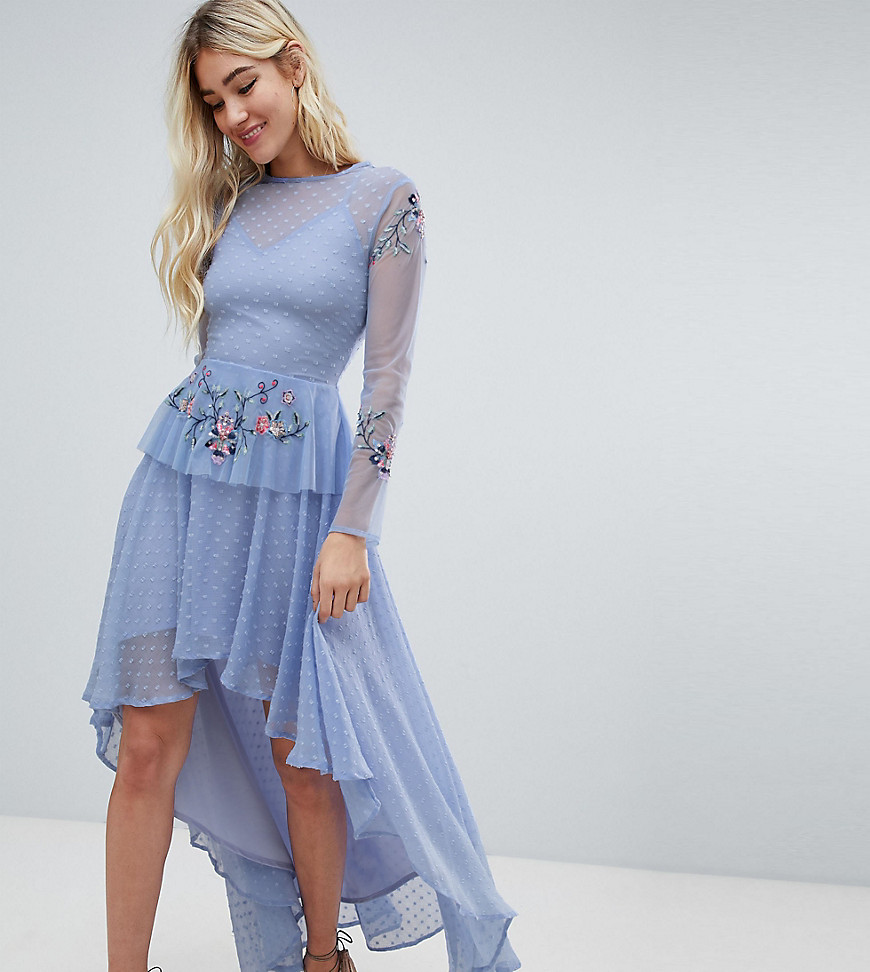 Lace & Beads embroidered high low dress in blue
