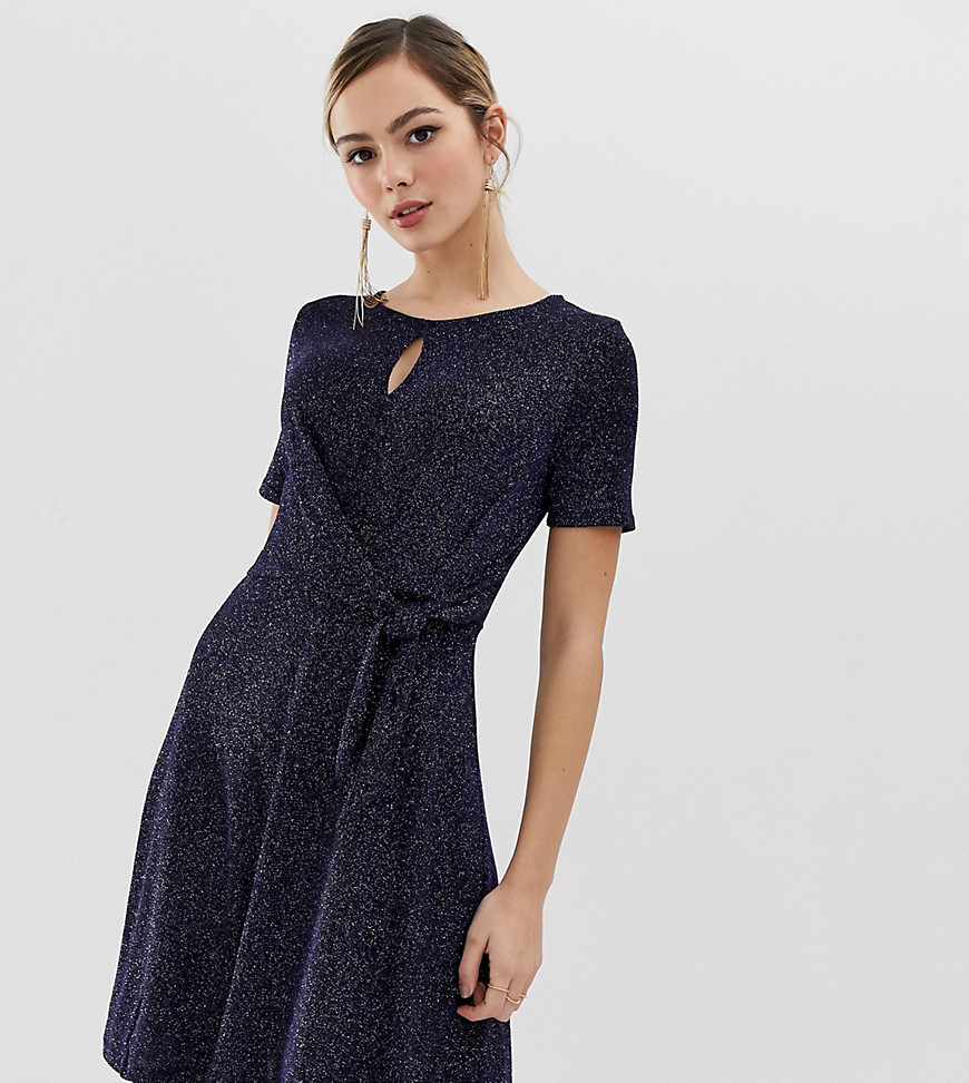 Oasis glitter skater dress with tie side in navy