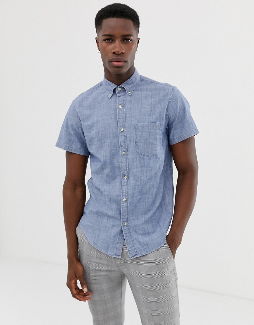 J.Crew Mercantile short sleeve stretch slim fit chambray shirt button down in blue