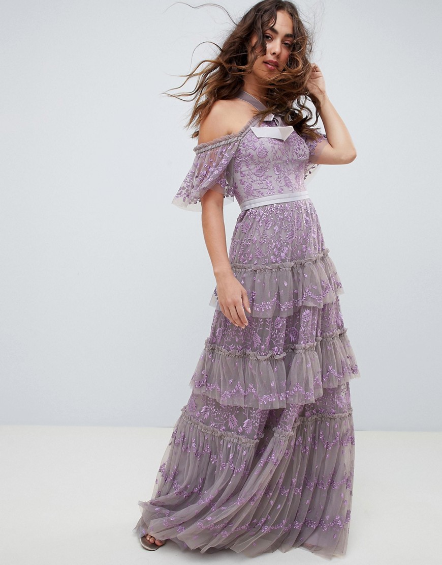 Needle & Thread embroidered lace cold shoulder maxi gown in lavender - Vintage lavender