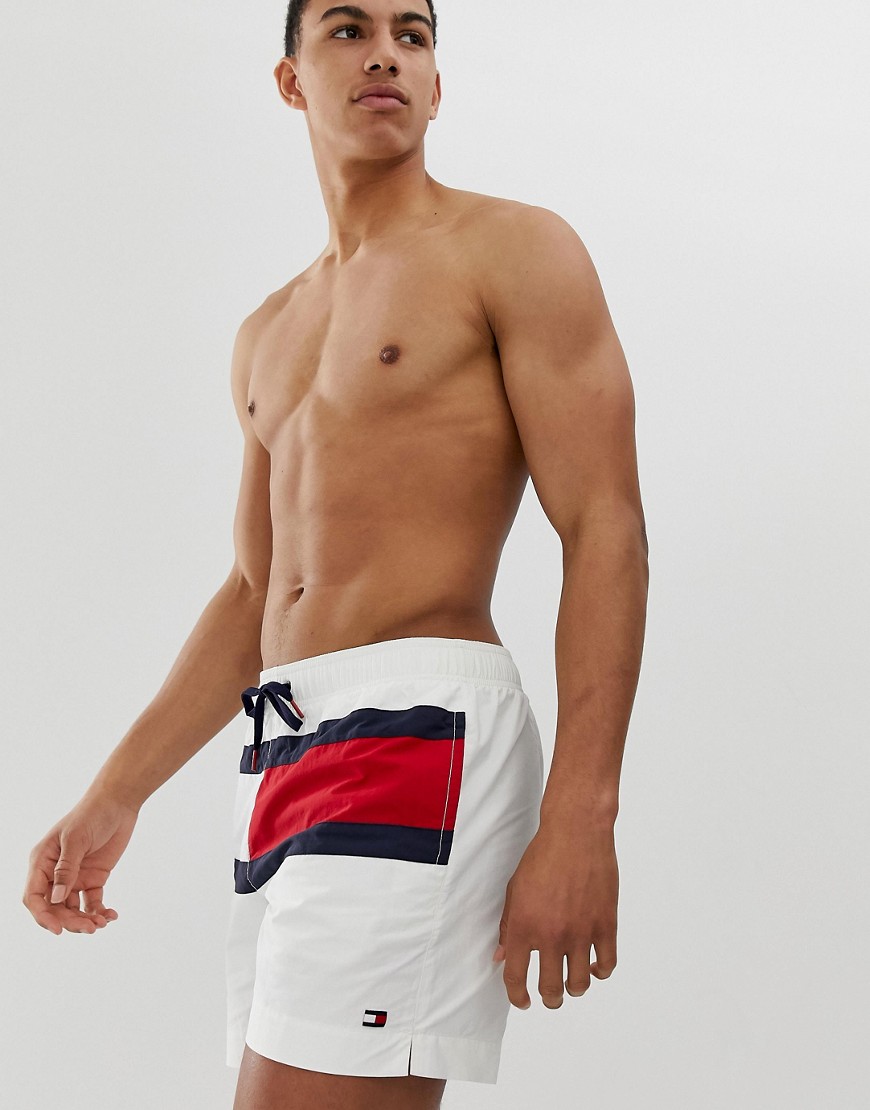 Tommy Hilfiger medium drawstring swim shorts with icon flag panel in white