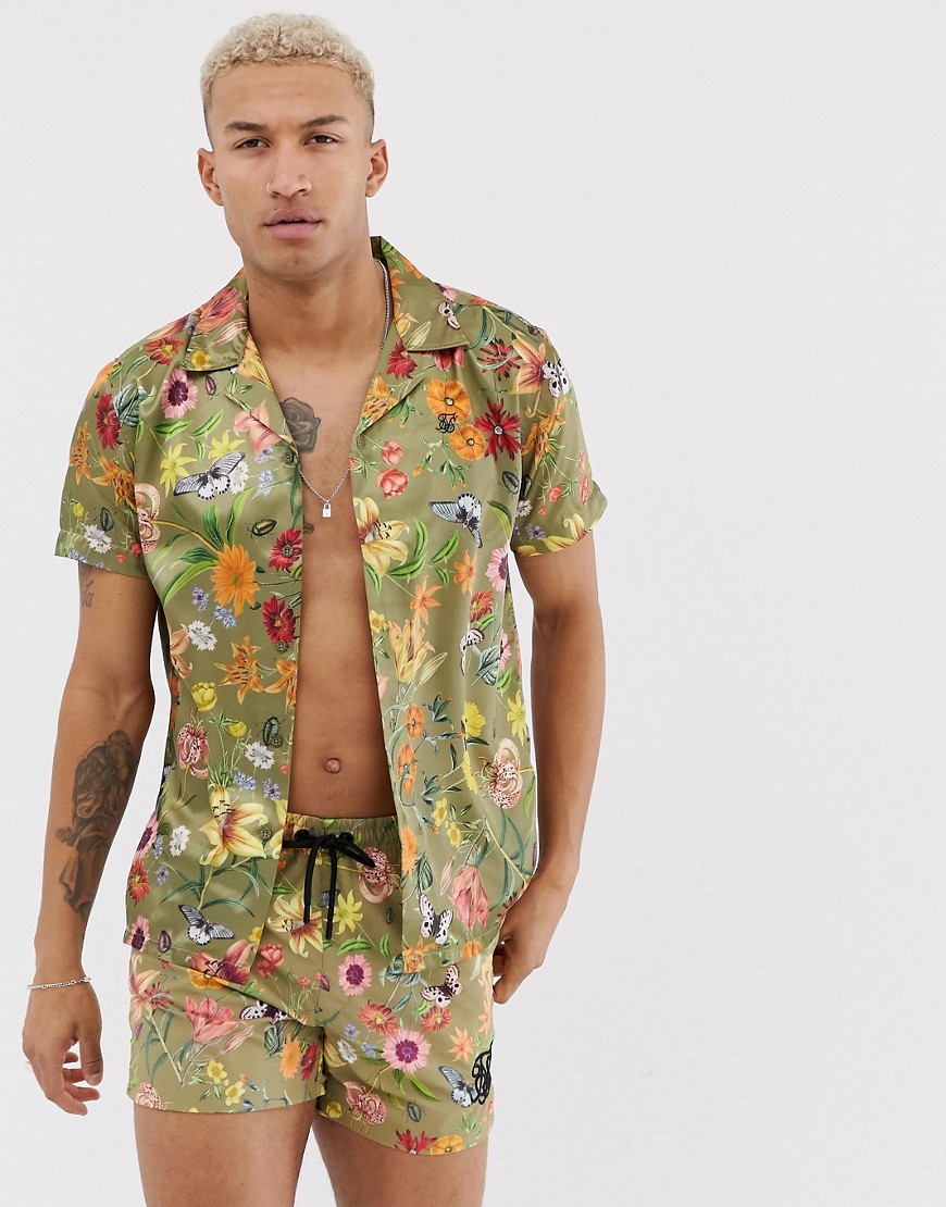 SikSilk co-ord short sleeve shirt in green floral print