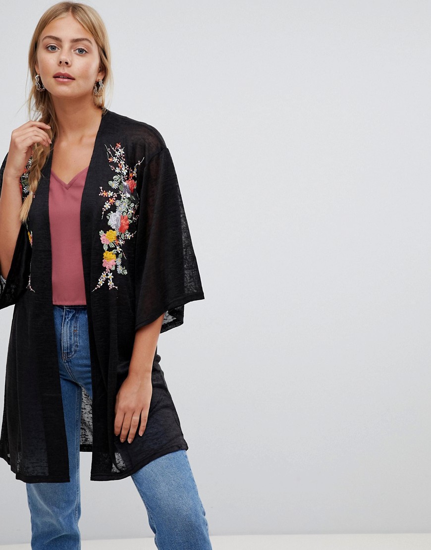 QED London kimono cardigan with floral embroidery