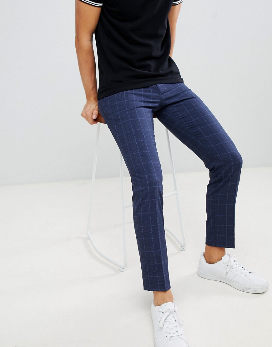 Moss London skinny fit trousers in blue boucle windowpane check