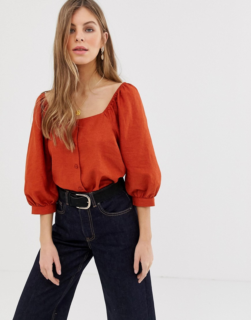 ASOS DESIGN 3/4 sleeve square neck top with button detail in linen