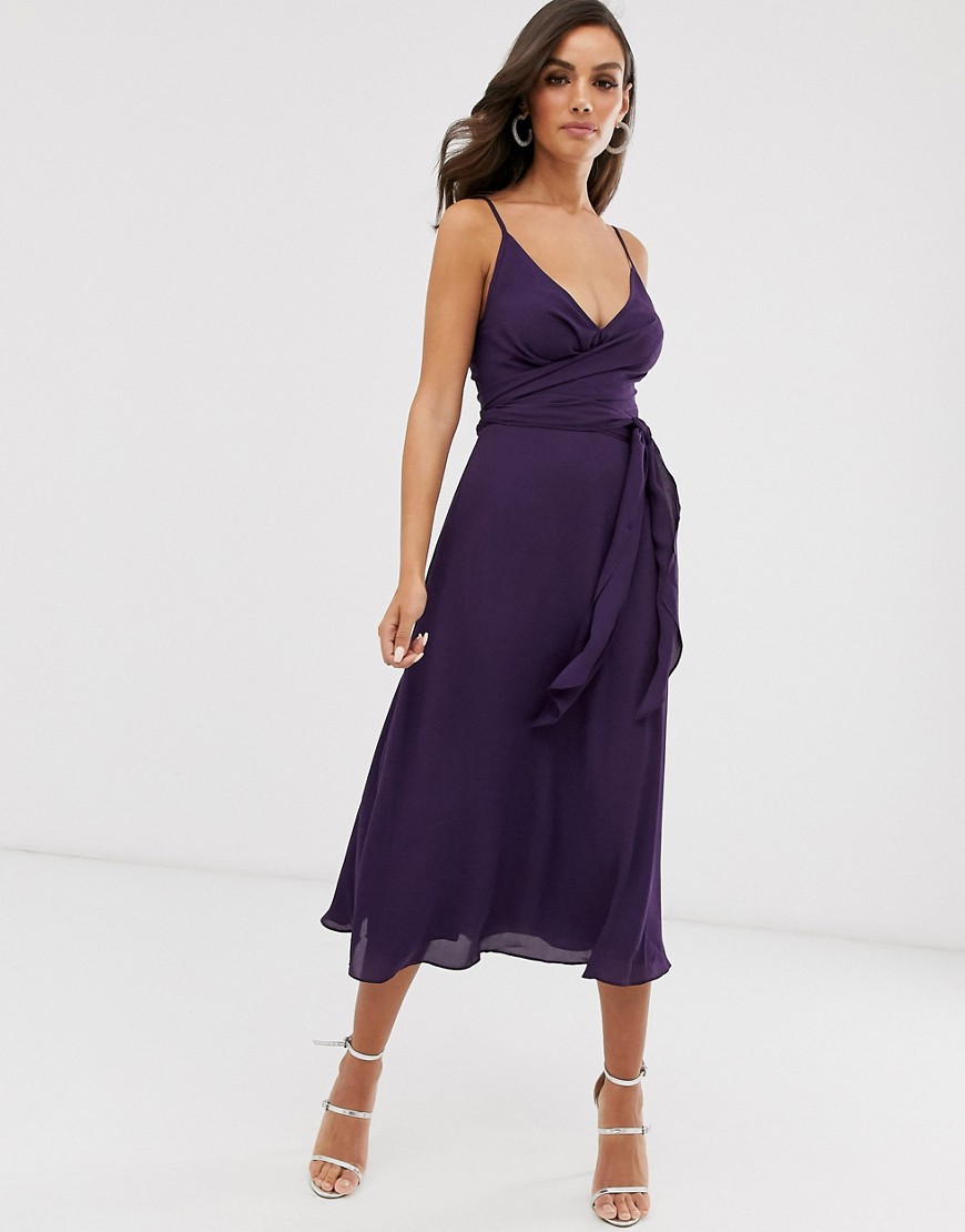 Asos Design Cami Wrap Midi Dress With Tie Waist-purple