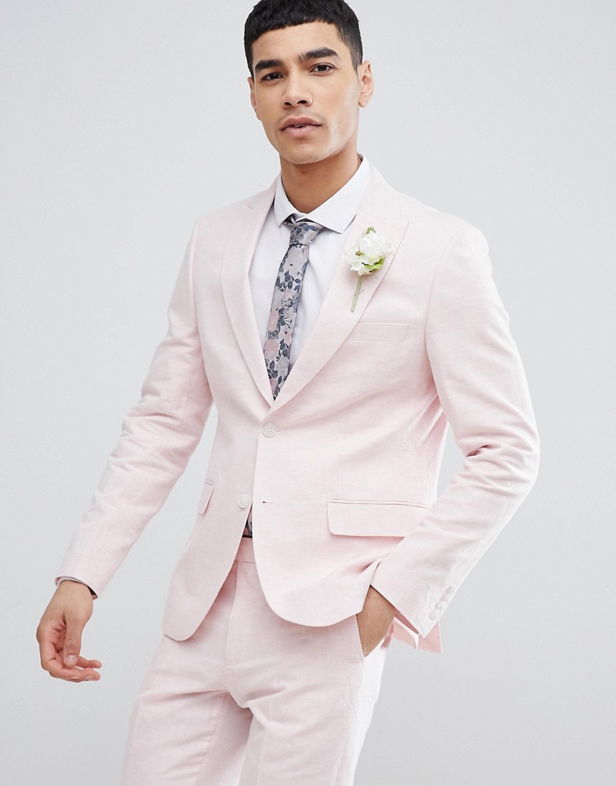 Moss London Wedding Skinny Suit Jacket In Light Pink Linen