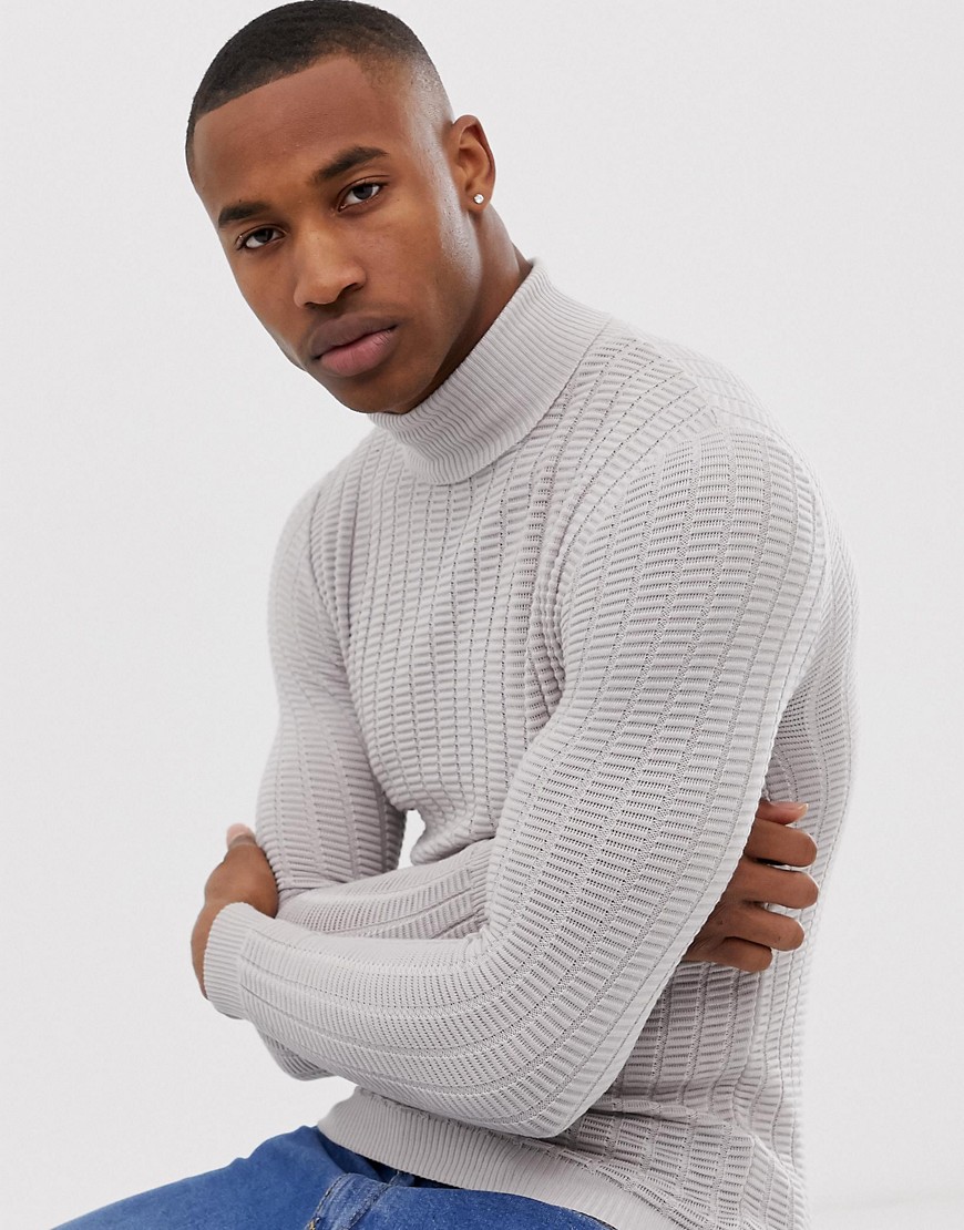 ASOS DESIGN muscle fit textured roll neck jumper in light grey