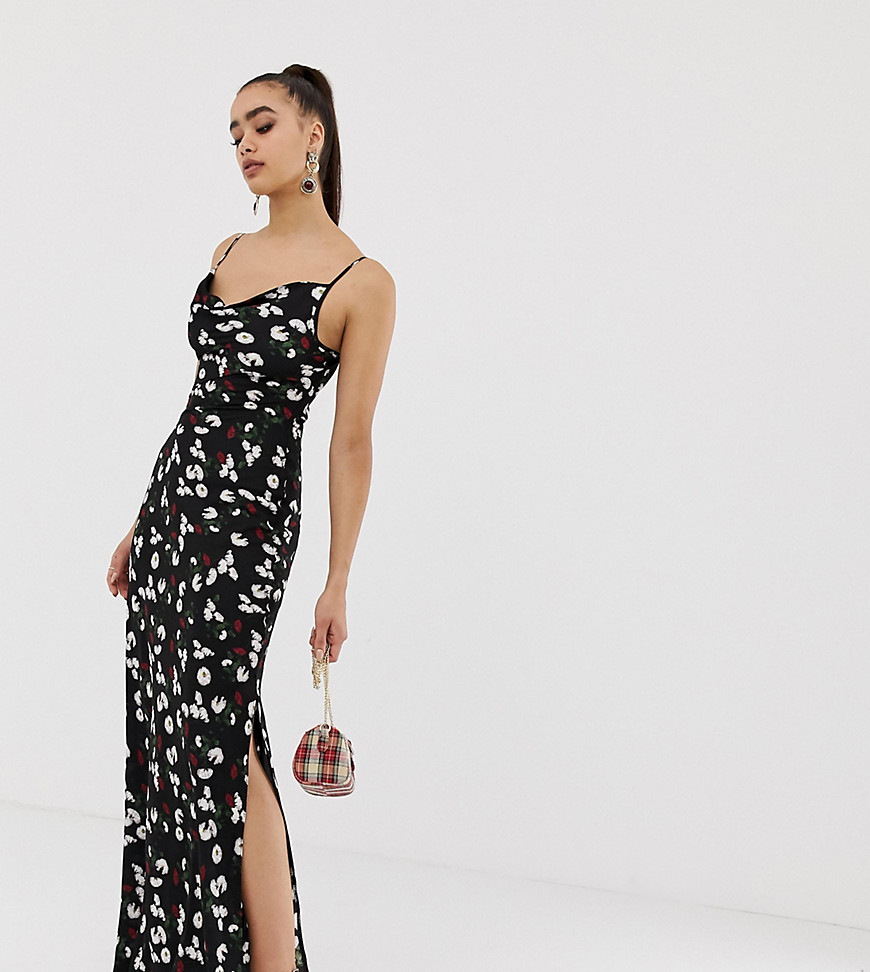 Missguided cowl neck maxi slip dress in black floral