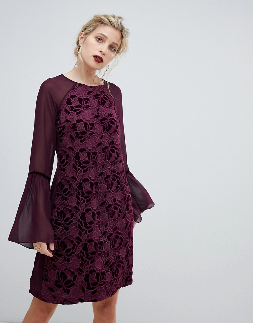 Paper Dolls velvet lace shift dress with sheer sleeve in wine