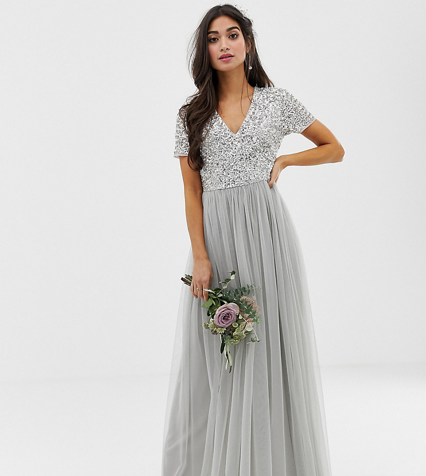 Maya Petite Bridesmaid v neck maxi tulle dress with tonal delicate sequins in silver