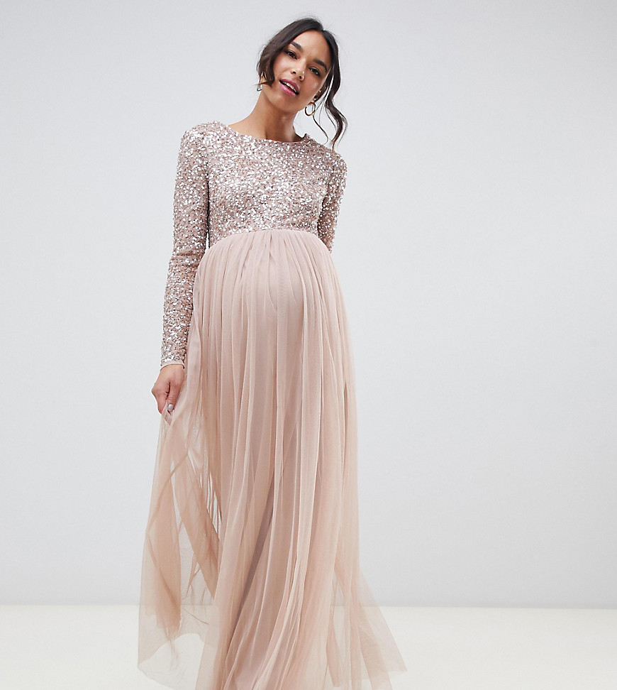 Maya Maternity Bridesmaid long sleeved maxi dress with delicate sequin and tulle skirt