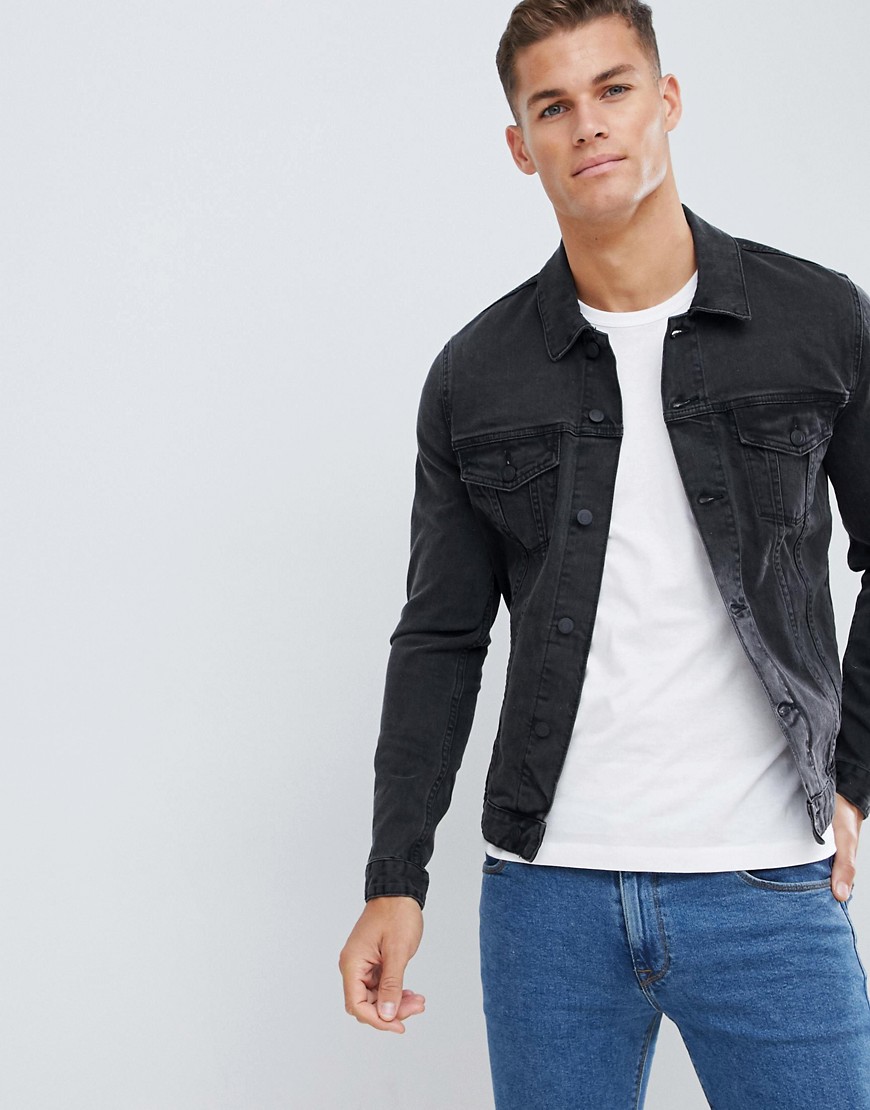 Asos Design Skinny Denim Jacket In Washed Black