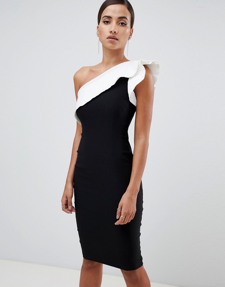 Vesper pencil dress with exaggerated sleeve in colourblock - Black/ white