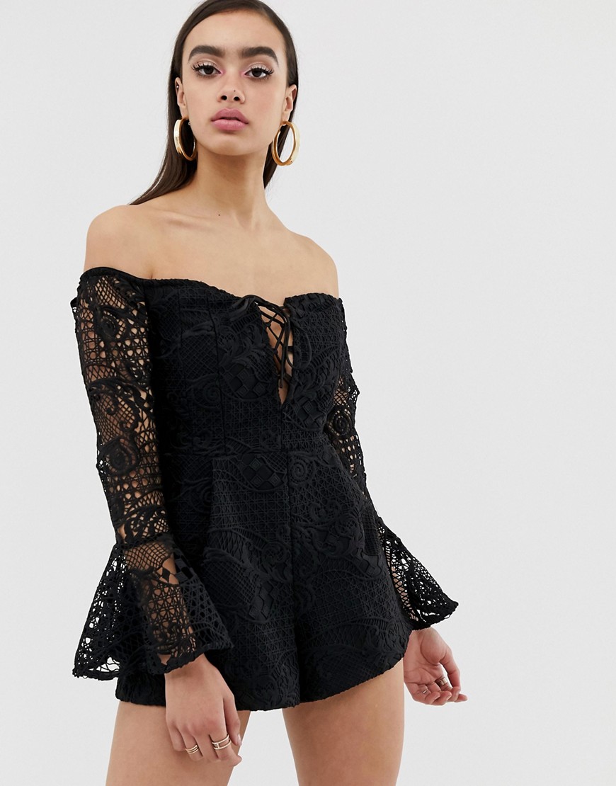 Lioness Off Shoulder Lace Romper With Bell Sleeve In Black
