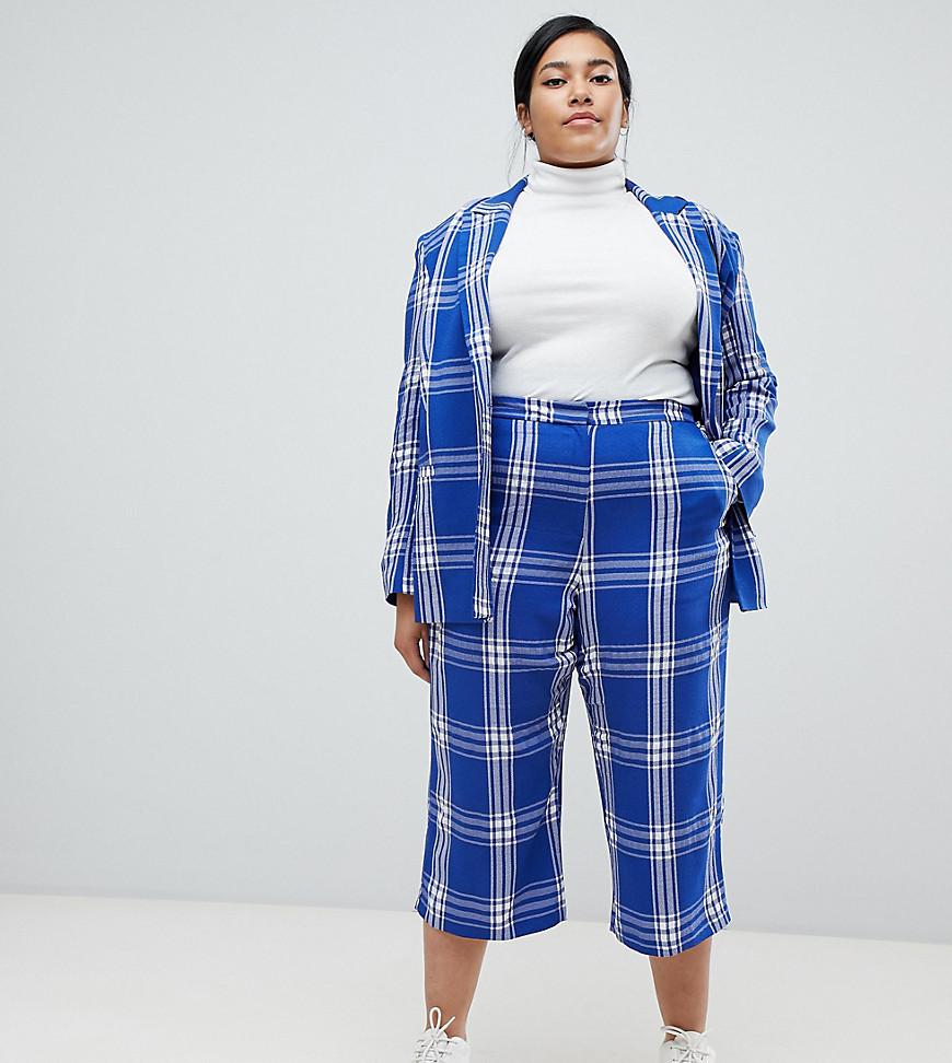 ASOS DESIGN Curve tailored blue picnic check cropped wide leg trousers