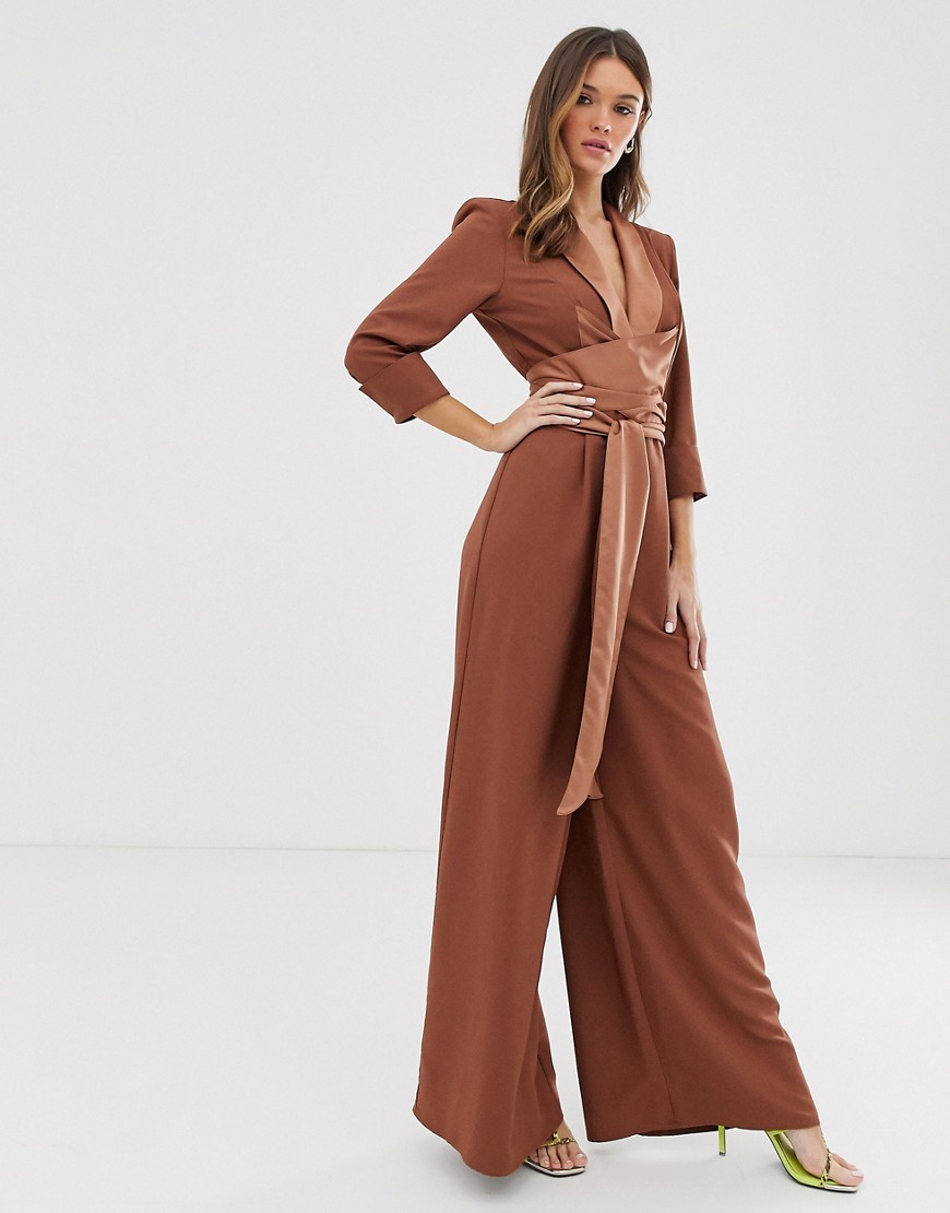 ASOS DESIGN plunge tux jumpsuit with wide leg in brown