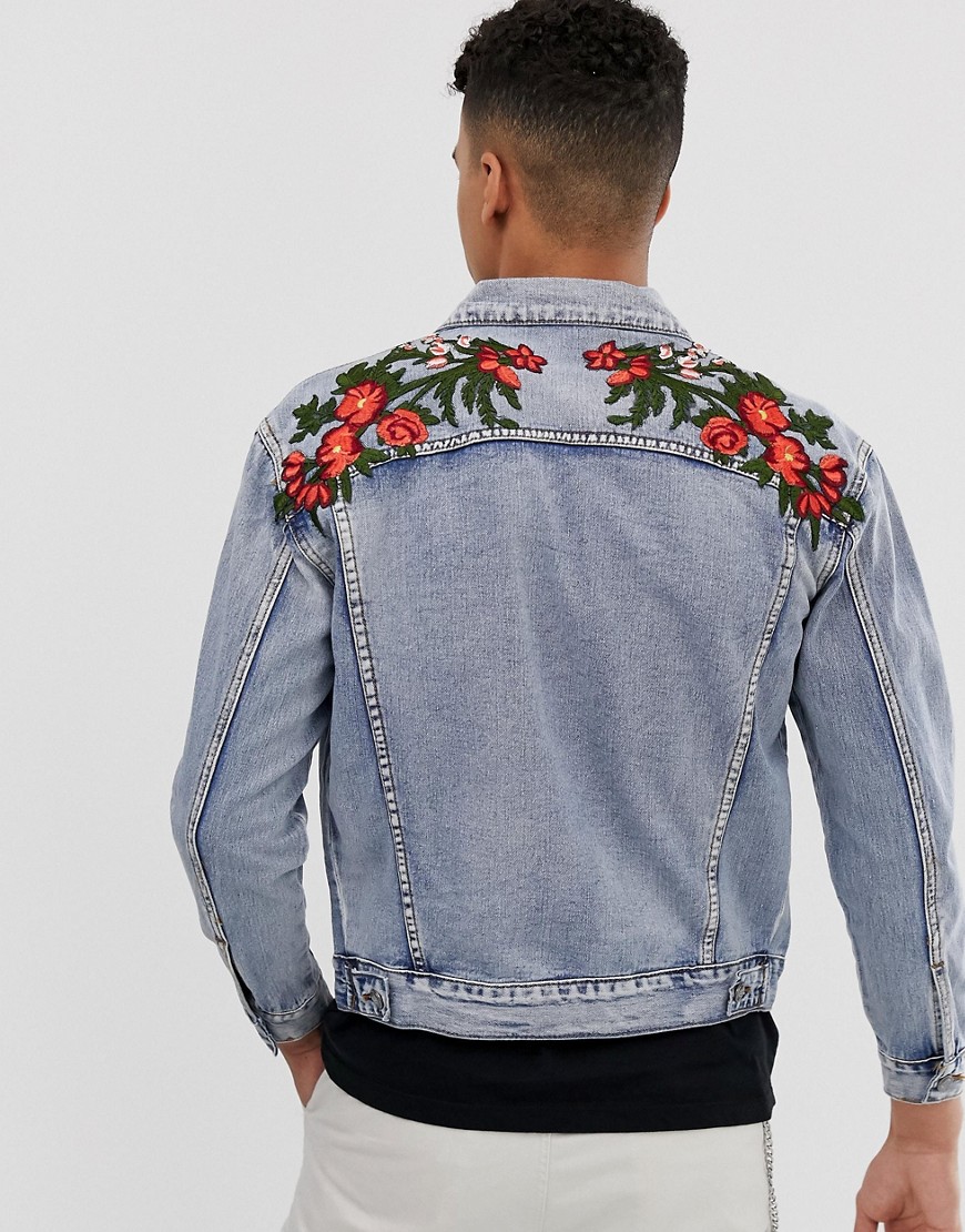 Sixth June Oversized Denim Jacket With Floral Embroidery And Distressing
