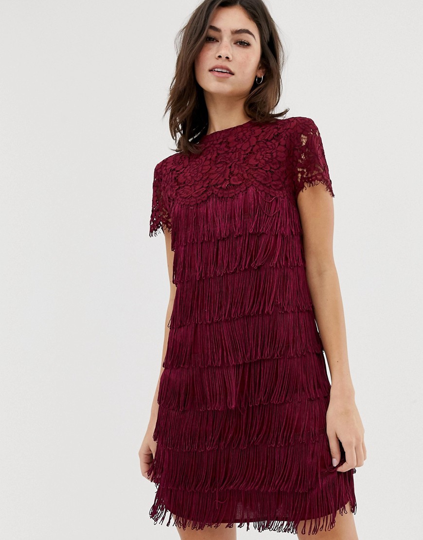 Oasis shift dress with lace and fringing red