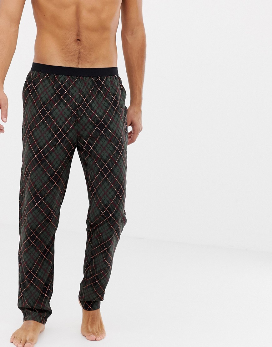 Asos Design Woven Straight Pyjama Bottoms In Argyle Check With Bright Orange Highlights-green