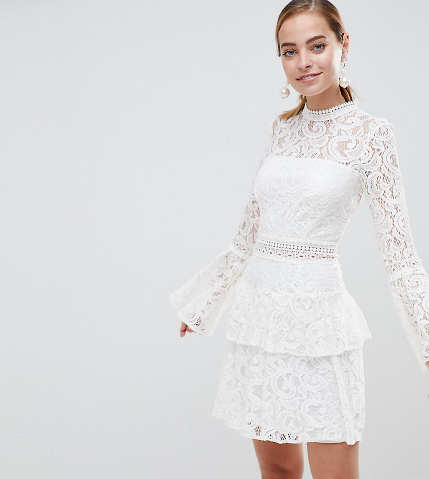John Zack Petite Allover Lace Mini Dress With Crochet Waist Trim - White