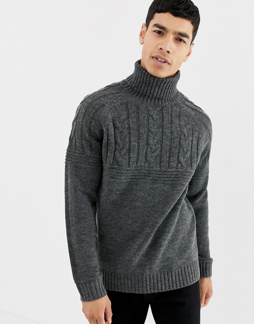 Pier One cable knit jumper in dark grey with turtle neck