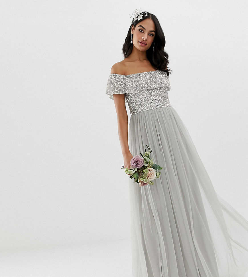 Maya Bridesmaid bardot maxi tulle dress with tonal delicate sequins in silver