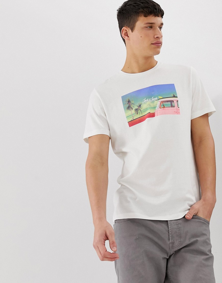 Jack & Jones Originals t-shirt with beach photo graphic in white