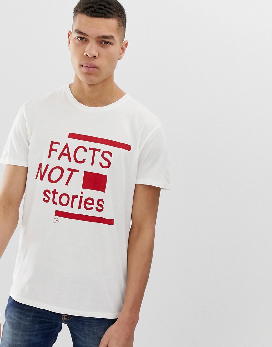 Nudie Jeans Co Anders fact not stories t-shirt in off white
