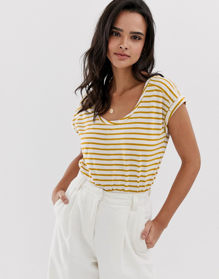 Esprit stripe crew neck t-shirt with turn up sleeve yellow