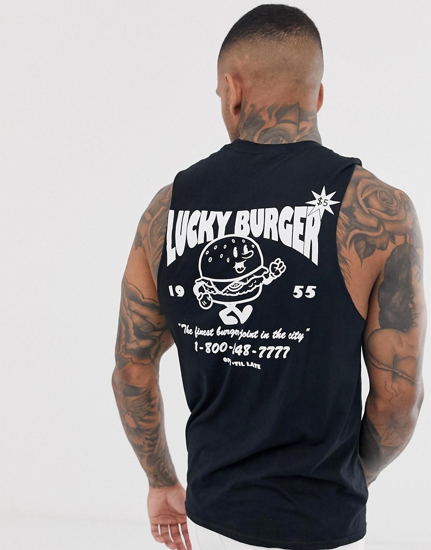 boohooMAN t-shirt with burger print in black
