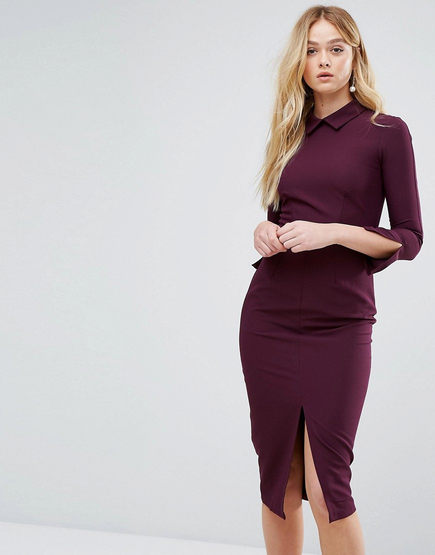Closet Long Sleeve Front Split Collar Midi Dress - Purple