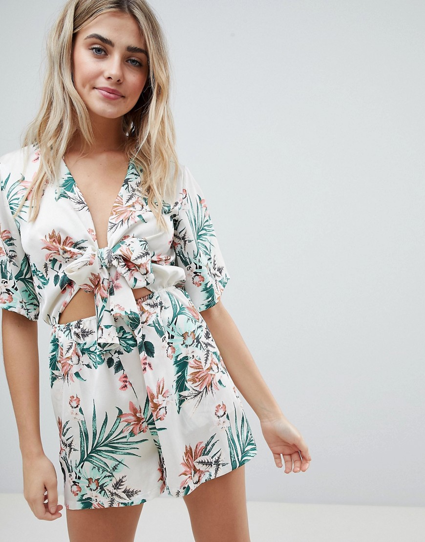 Missguided Tropical Print Tie Front Playsuit - Floral