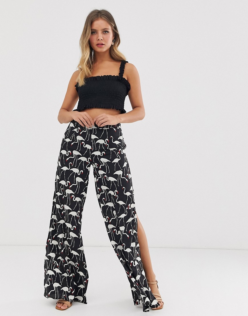 Glamorous wide leg trousers with split detail in flamingo print