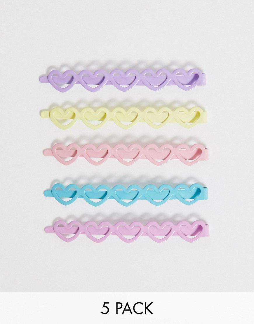 ASOS DESIGN pack of 5 hair clips in colourful heart shapes