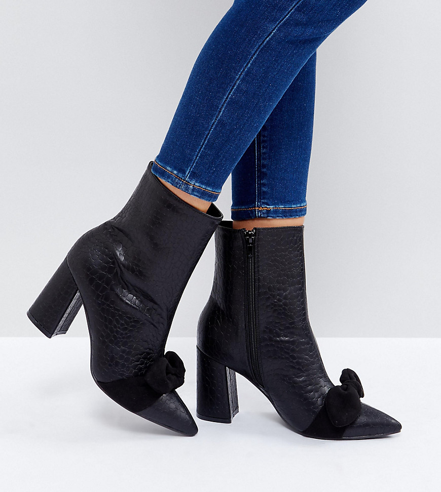 The March Black Snake Bow Detail Heeled Ankle Boots - Black/grey snake
