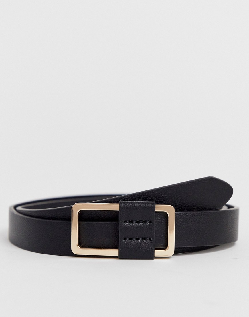ASOS DESIGN faux leather skinny belt in black with gold buckle